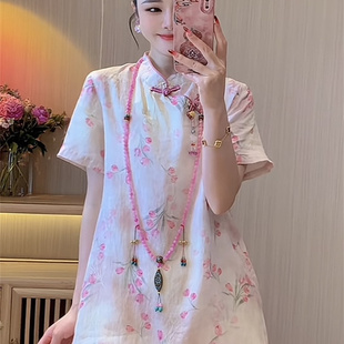 轻奢粉色甜美刺绣工艺高级垂感盘扣斜襟时髦旗袍连衣裙潮 2025夏季