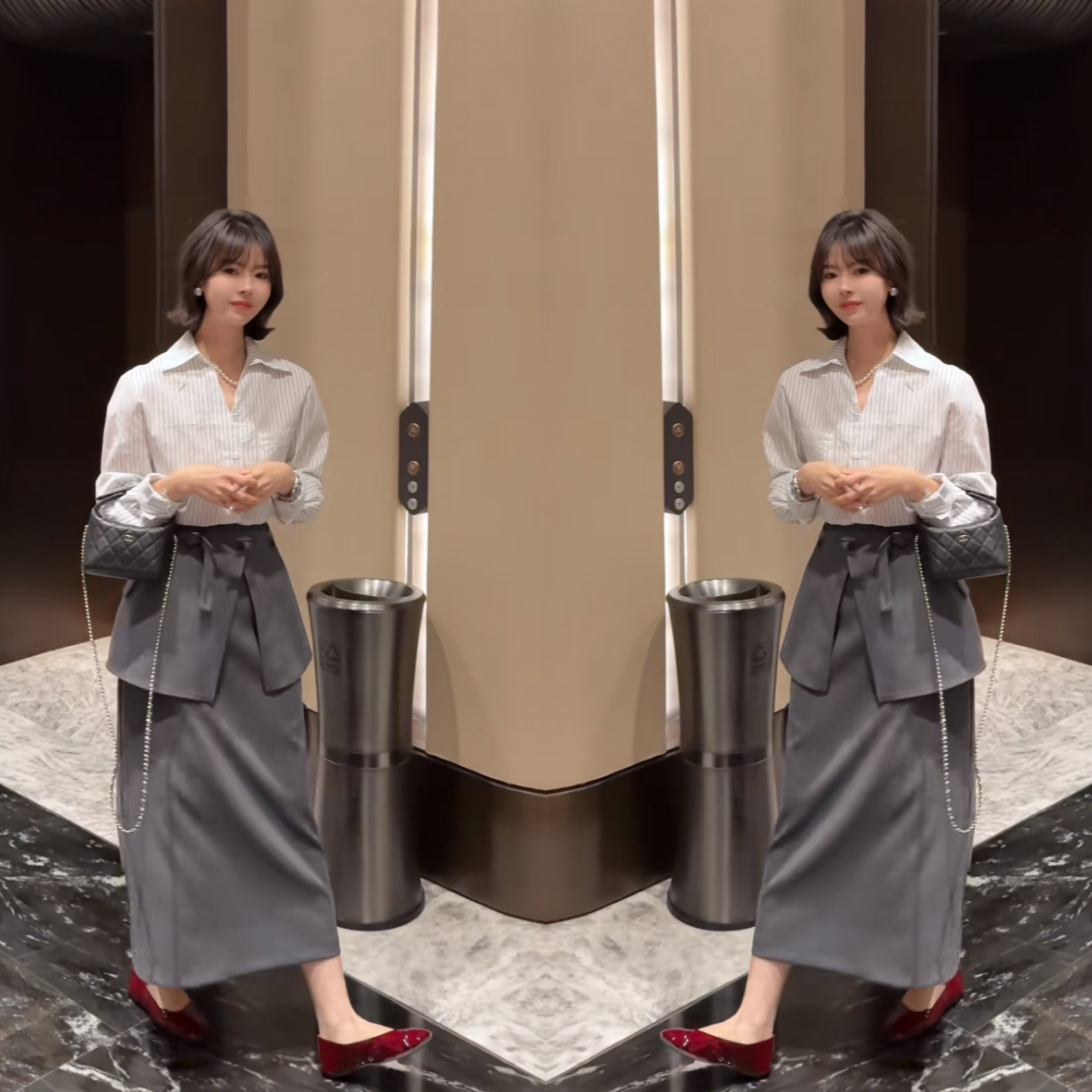 职业工作制服2026欧韩网红新款气质白色翻领衬衫灰色屁帘半身裙女