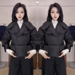 欧洲站高级感冬季新款短款小众设计感洋气简约时髦黑色棉服外套女
