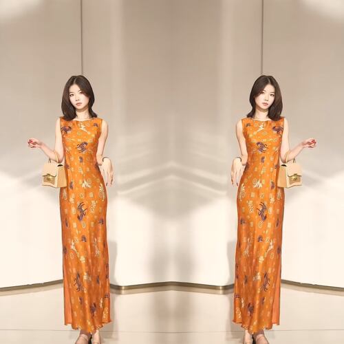 韵味印花无袖过膝长款女士连衣裙