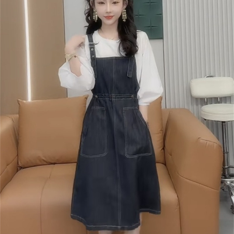 可爱学院风洋气衬衫牛仔背带裙