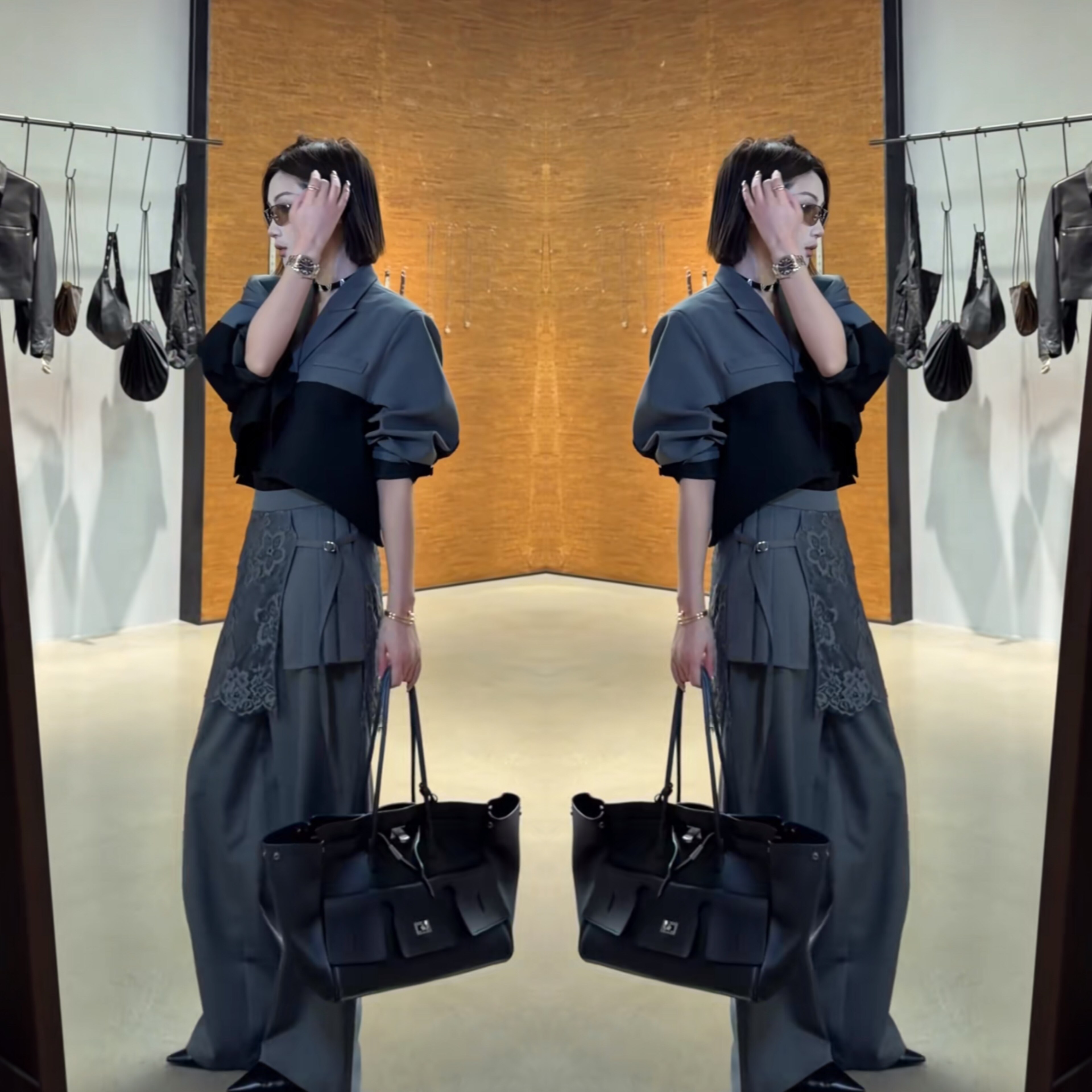 美式休闲运动风2026网红爆款酷飒干练短款西服蕾丝拼接设计感长裤