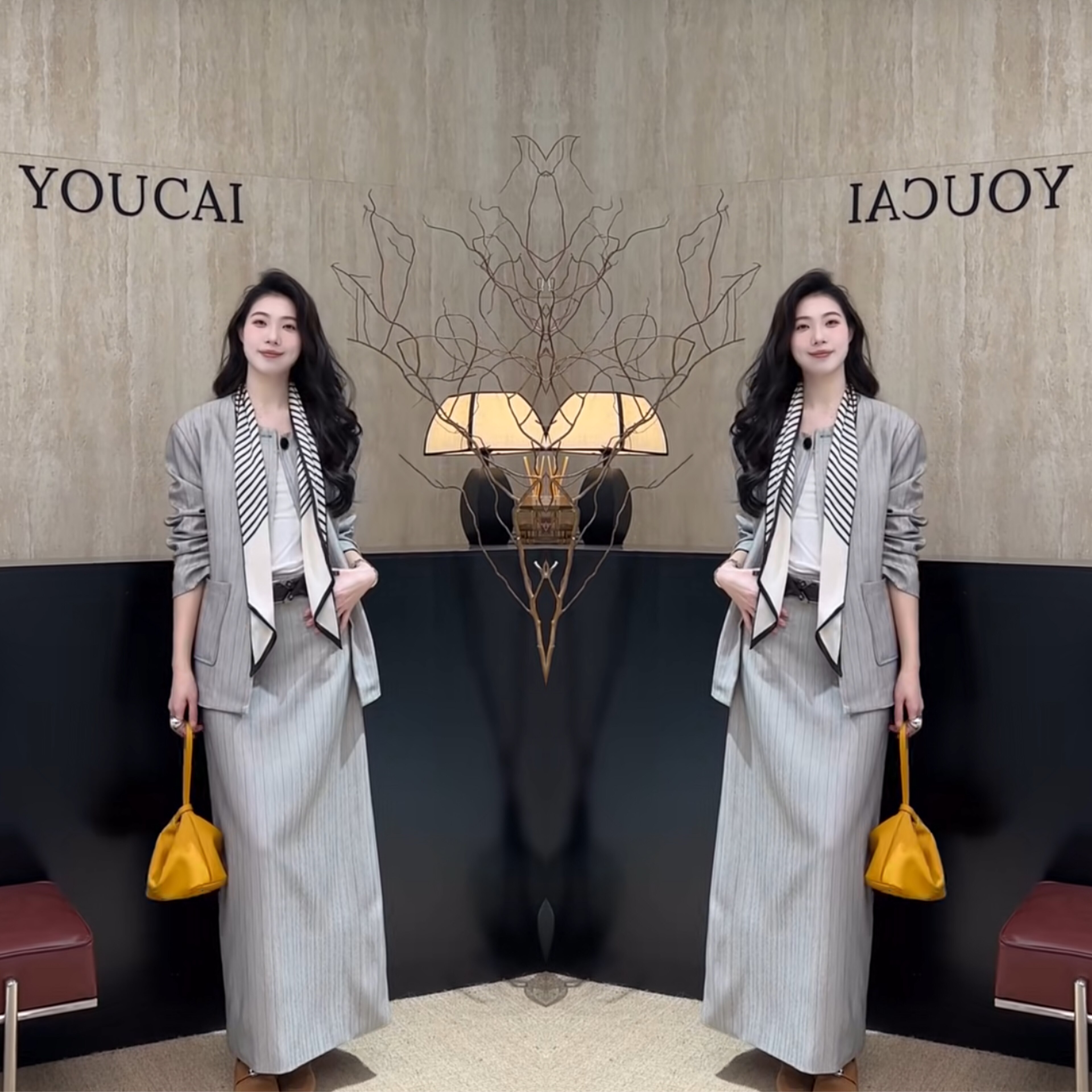 2026网红爆款灰色职业办公西服外套搭配垂感过膝半身裙两件套通勤