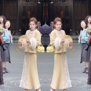 港式典雅2025冬黄色清新刺绣甜美清新脱俗保暖外套搭配公主半身裙