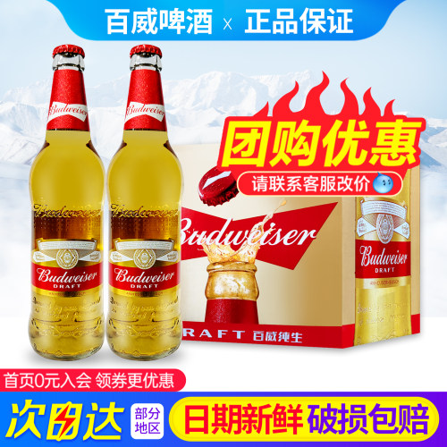 百威啤酒百威纯生啤酒500ml12瓶整箱国产玻璃瓶装啤酒小麦熟啤酒