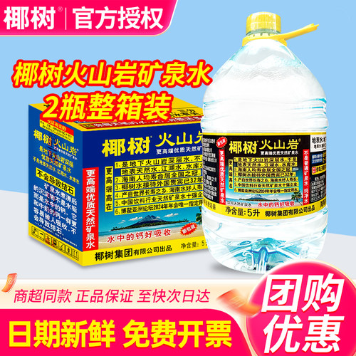 椰树火山岩天然矿泉水5L*2桶*2箱海南产桶装饮用泡茶水非纯净水