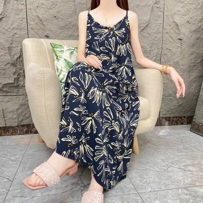 【花影与诗】夏季碎花时尚宽松气质吊带连衣裙女宽松印花长裙女