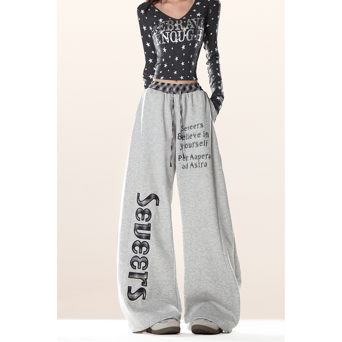 美式复古格子拼接运动卫裤女