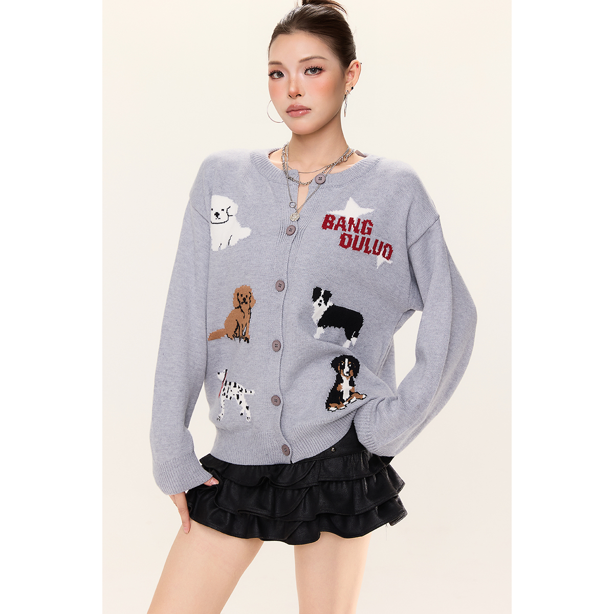 美式复古灰色卡通小狗毛衣外套女
