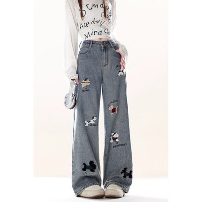 ZRSEE美式刺绣小狗牛仔裤女2026春季新款美式休闲百搭直筒阔腿裤