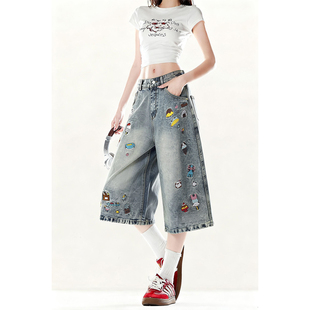 ZRSEE 美式卡通刺绣牛仔阔腿裤女生2026春季新款宽松七分直筒裤子
