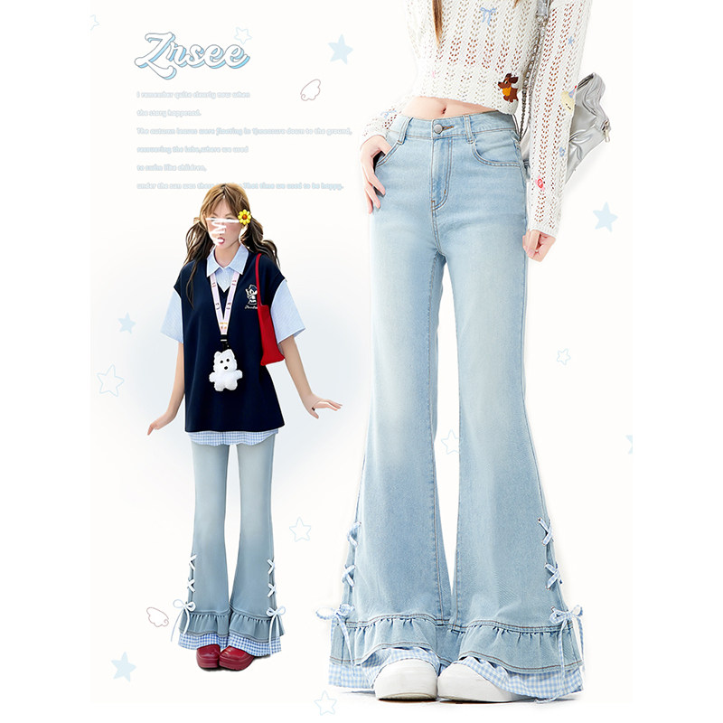 ZRSEE 蓝色荷叶边假俩件喇叭裤女早春新款显瘦设计感微喇牛仔裤子