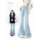 显瘦设计感微喇牛仔裤 女早春新款 子 蓝色荷叶边假俩件喇叭裤 ZRSEE