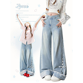 子 女春设计感蝴蝶结绑带显瘦垂感长裤 ZRESS 浅蓝色翻边阔腿牛仔裤