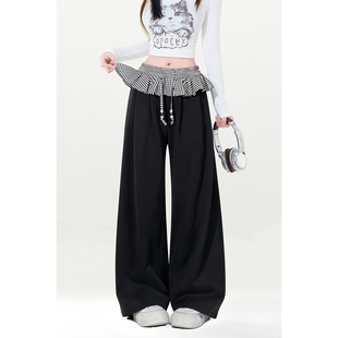 ZRSEE 格子拼接假俩件阔腿裤女早春新款宽松显瘦高腰小众休闲裤子