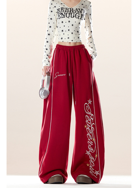 自然涩美式复古红色字母印花运动卫裤女春秋季宽松阔腿休闲弯刀裤
