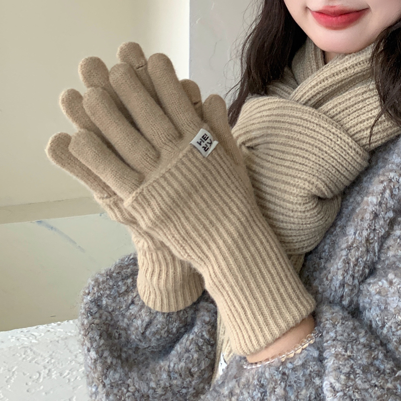 手套女冬季2025新款骑行保暖防寒加绒加厚韩系纯色毛线针织可触屏