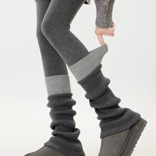 灰色针织袜套女中筒秋冬季 设计感粗线羊毛堆堆袜拼色y2k小腿腿套