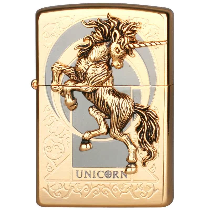 zippo獨角獸韓版黑冰金色雙面獨角馬一角獸正品個性芝寶打火機