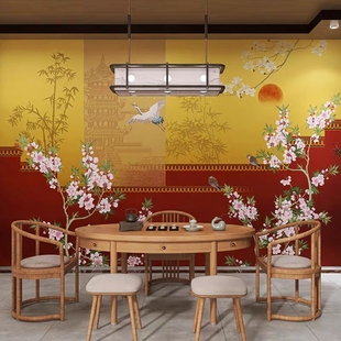 饰壁布古典仙鹤花鸟电视背景墙纸茶室茶庄壁画3d 新中式 饭店包厢装