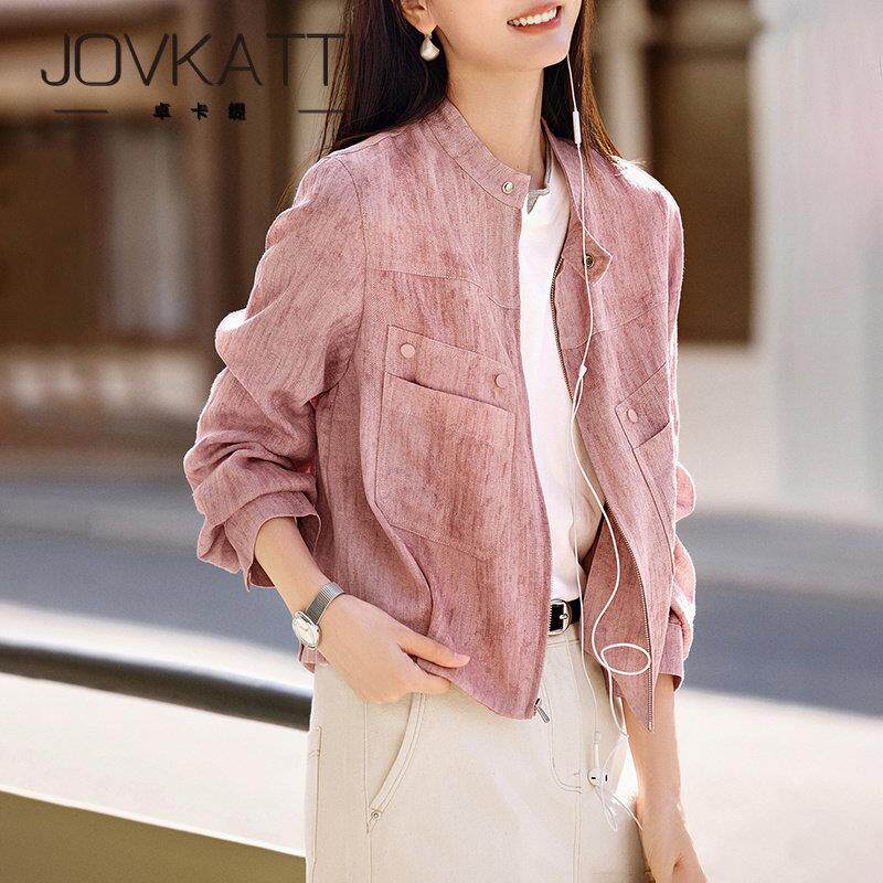 2026春款莱赛尔亚麻工装风薄款上衣直筒通勤气质百搭立领夹克外套