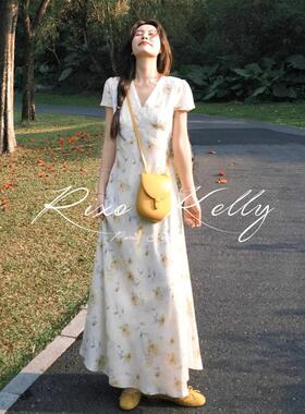 RIXO STREET夏日绝美黄色v领碎花连衣裙女爆款温柔法式气质长裙