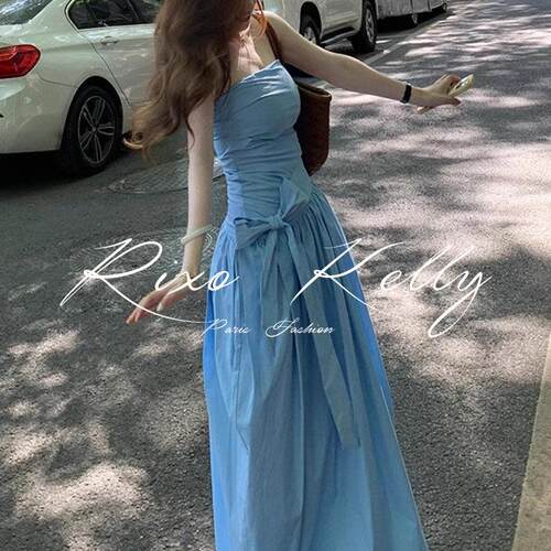 RIXO STREET蓝色抹胸连衣裙女夏季蝴蝶结系带收腰气质露肩长裙