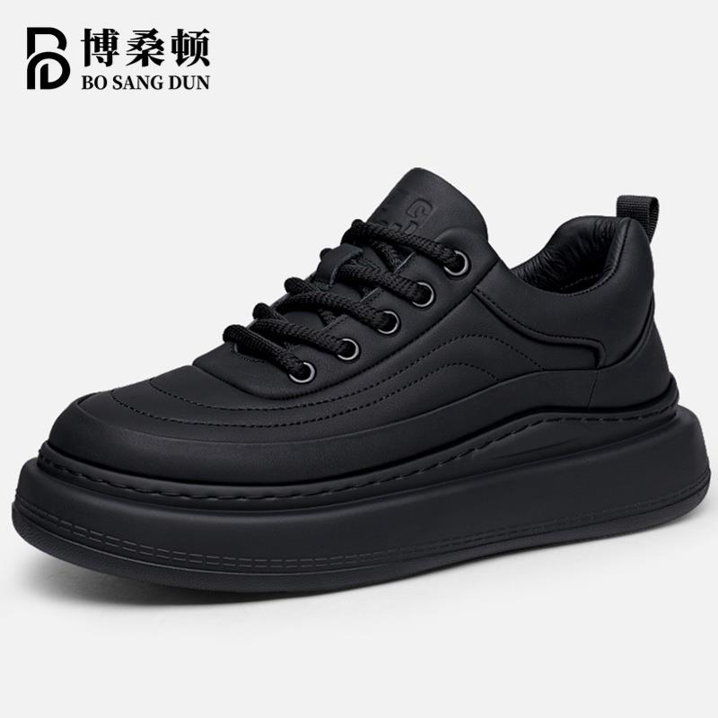 博桑顿男鞋真皮冬季新款加绒保暖休闲板鞋男头层牛皮厚底运动棉鞋