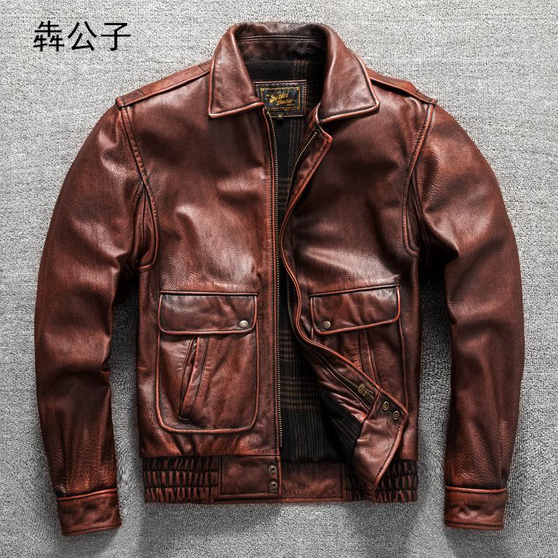 犇公子覆古宽松休闲大码翻领男士飞行服头层牛皮真皮皮衣秋冬外套