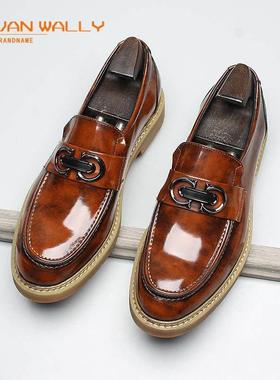VAN WALLY秋冬新款男士皮鞋耐磨牛筋底乐福鞋时尚一脚蹬休闲 皮鞋
