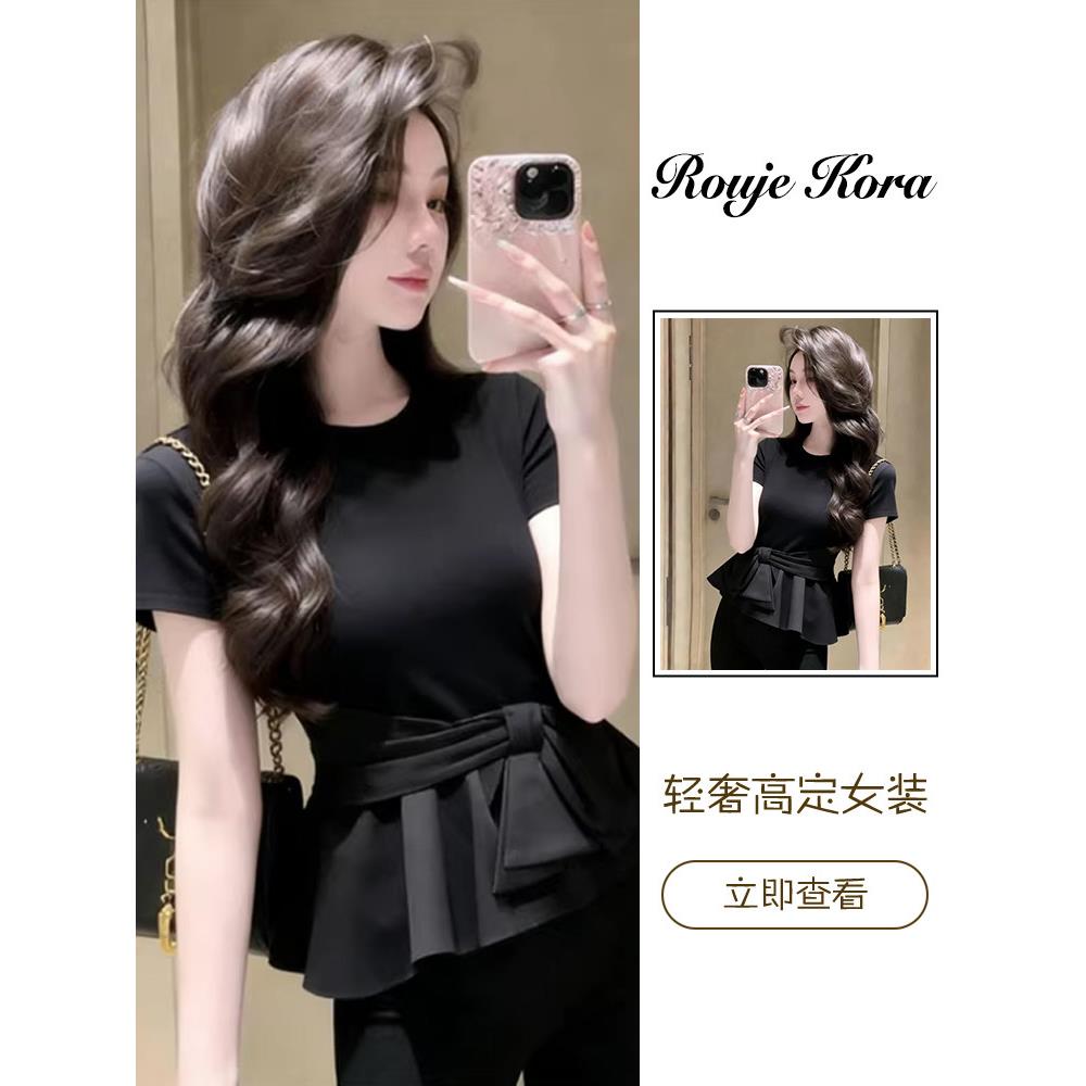 Rouje Kora法式蝴蝶结短袖T恤女士夏季修身显瘦上衣套头圆领小衫