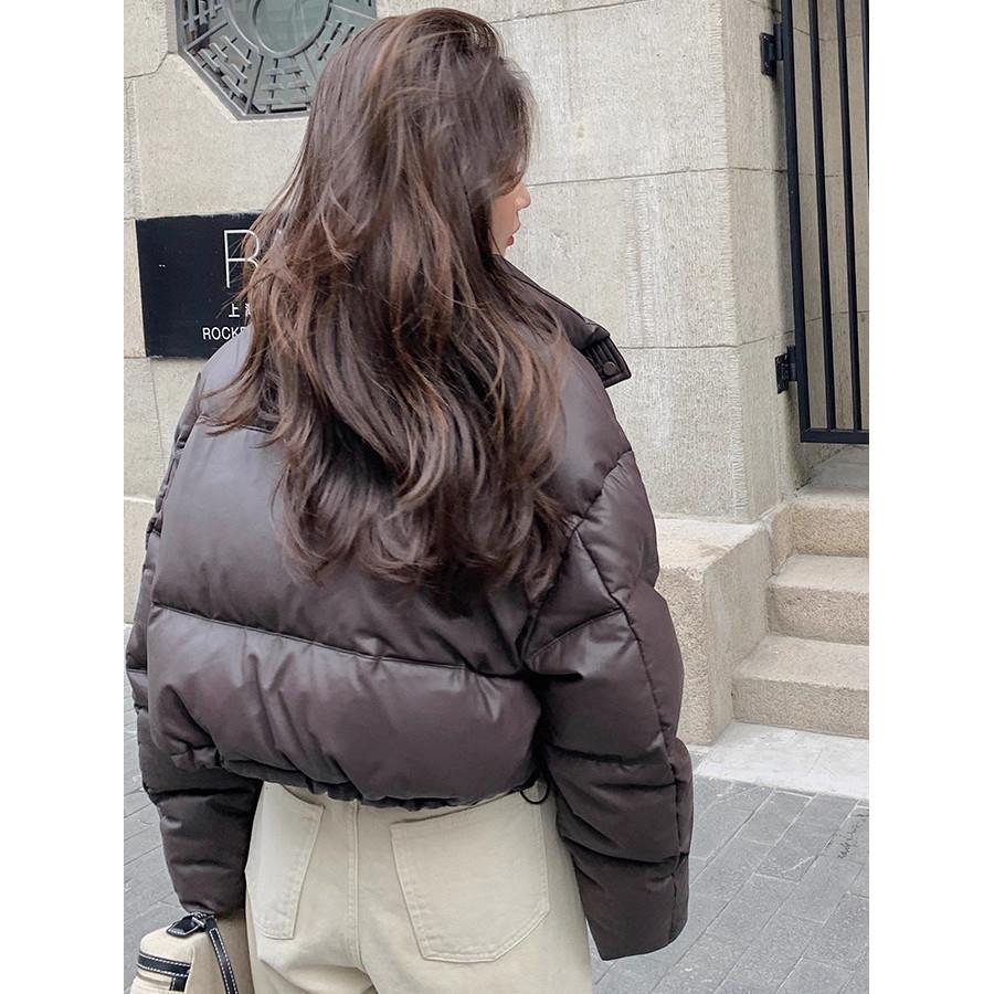 Baulmain Paul蛋白皮PU羽绒服女小个子短款冬季立领白鸭绒厚外套