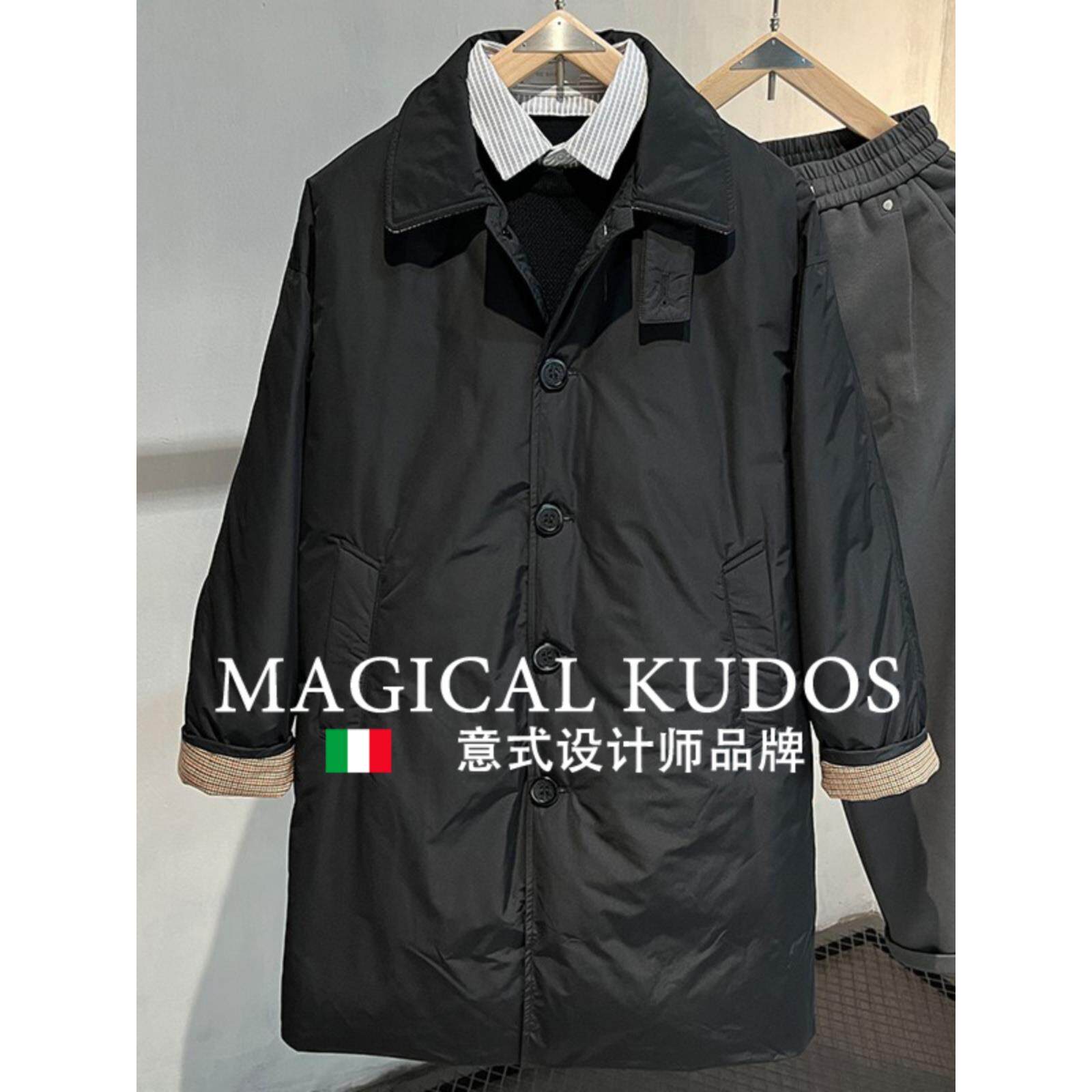 MAGICAL KUDOS冬季中长款风衣羽绒服男翻领轻型长款商务休闲外套