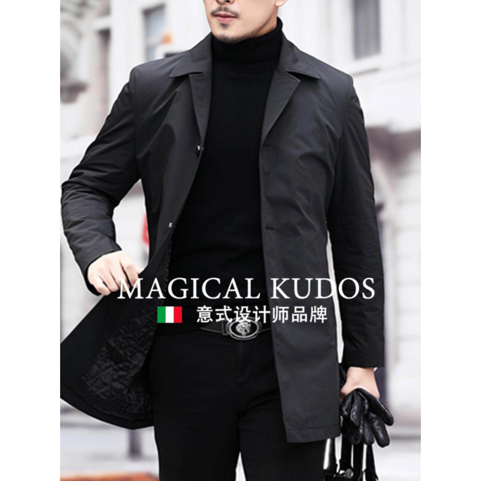 MAGICAL KUDOS中长款加棉风衣男秋冬装年务修身夹棉服简约外套