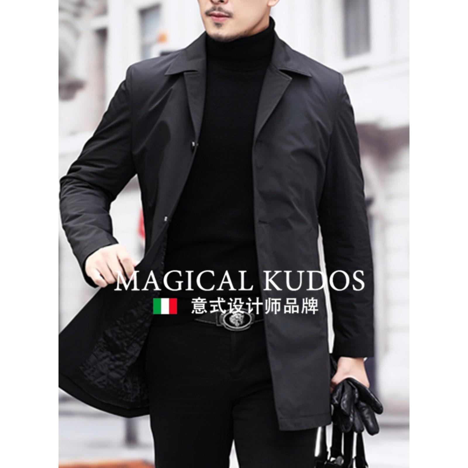MAGICAL KUDOS中长款加棉风衣男秋冬装年务修身夹棉服简约外套