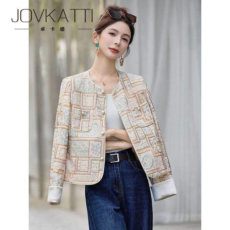 JOVKATTI小香风国风刺绣短外套春季款圆领纽扣印花气质减龄上衣女