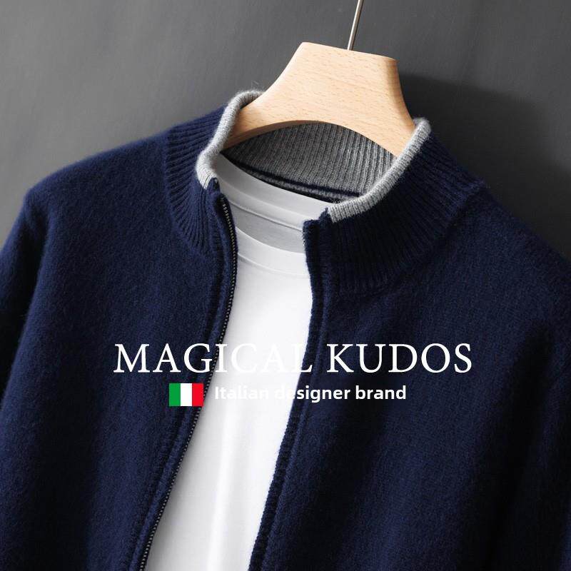 MAGICAL KUDOS秋冬季100%羊毛开衫外套男拼色拉炼毛衣羊绒针织衫