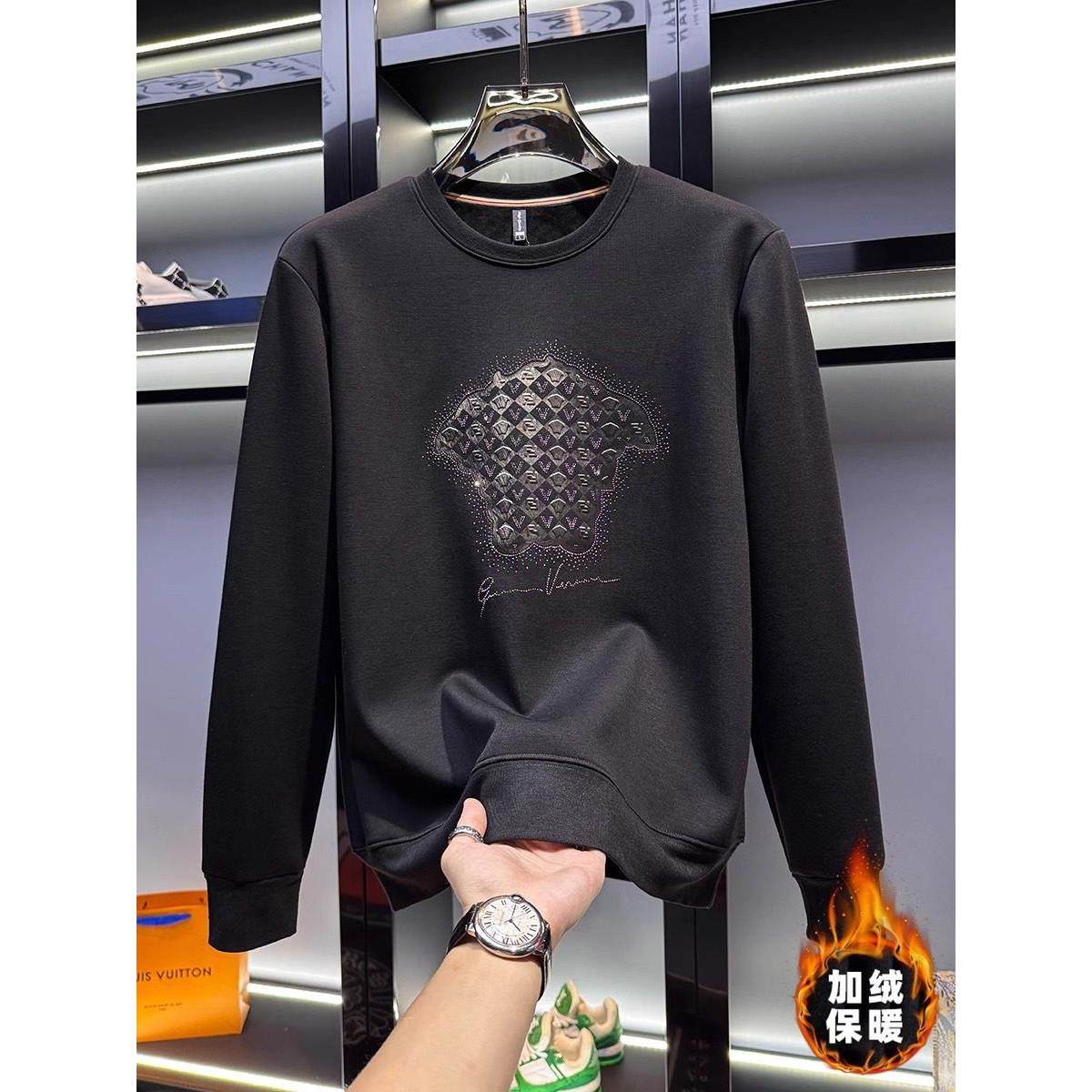 男士秋冬卫衣高端重磅黑色帅气百搭上衣男加绒保暖圆领长袖男t恤