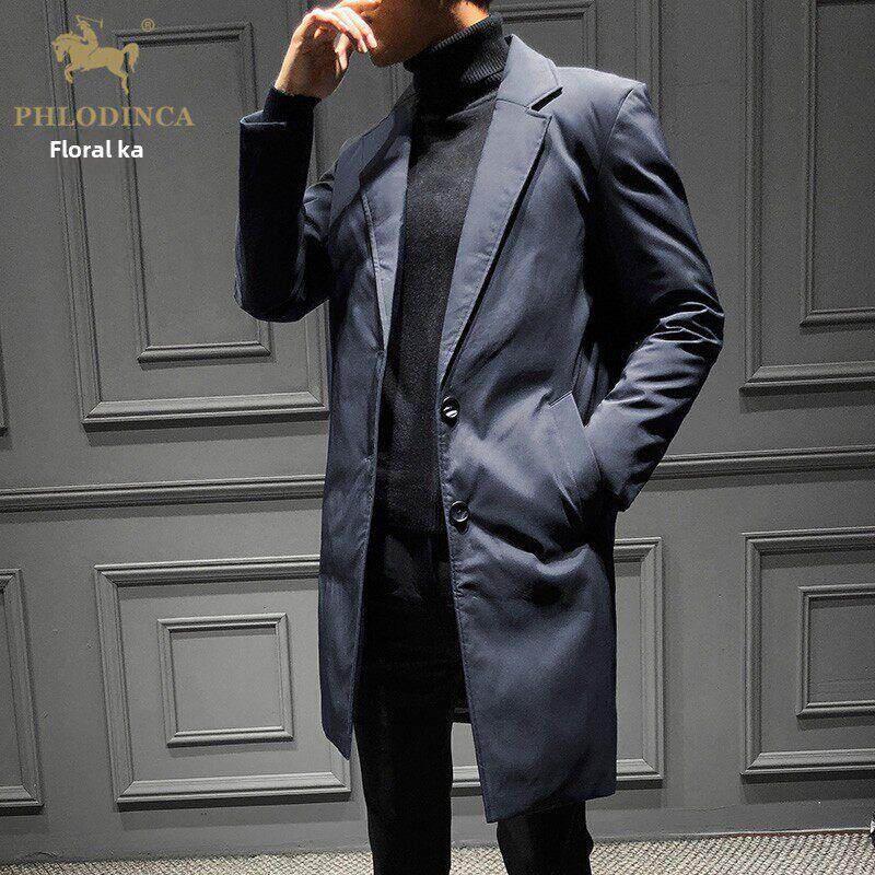 PHLODINCA 冬季新款中长款羽绒服男青年西装领轻薄保暖风衣外套潮