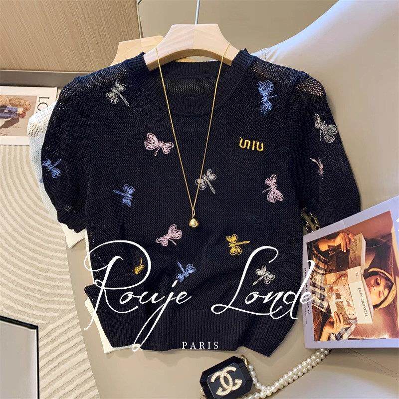 ROUJE LONDE镂空刺绣字母短袖女夏季洋气减龄显瘦正肩t恤针织上衣