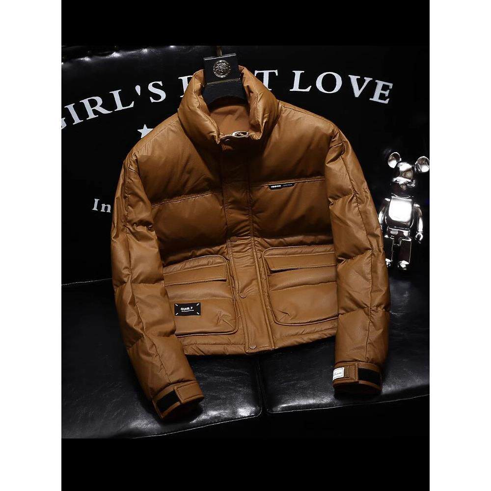 欧洲站轻薄羽绒服男款裸感覆古时尚高端pu皮保暖休闲立领冬季外套