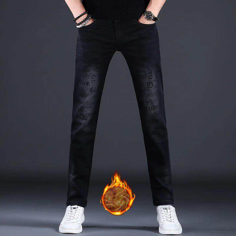 牛仔裤2025新款男潮牌高端印花九分长裤黑色休闲百搭秋冬加绒裤子
