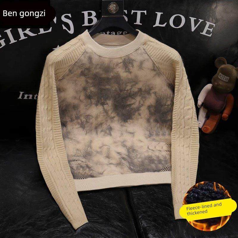 毛衣男款2025新款冬季高级感时尚休闲加绒长袖脏脏拼接针织衫男