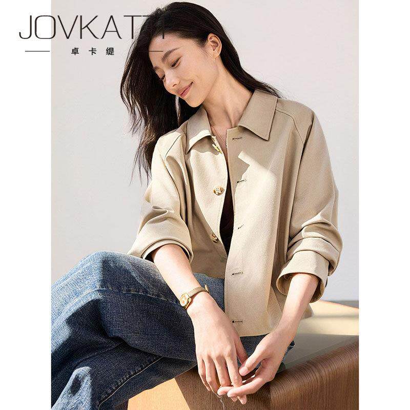 JOVKATTI春季英伦风百搭通勤夹克上衣格纹拼接翻领宽松短款外套女