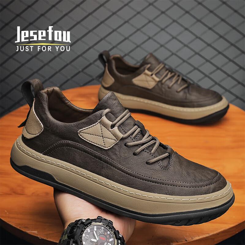 Jesefou休闲鞋男秋冬轻奢真皮户外运动鞋男时尚百搭板鞋皮鞋加绒