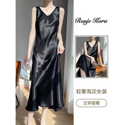 Rouje Kora缎面V领无袖背心连衣裙女士夏季轻奢光泽垂感优雅长裙