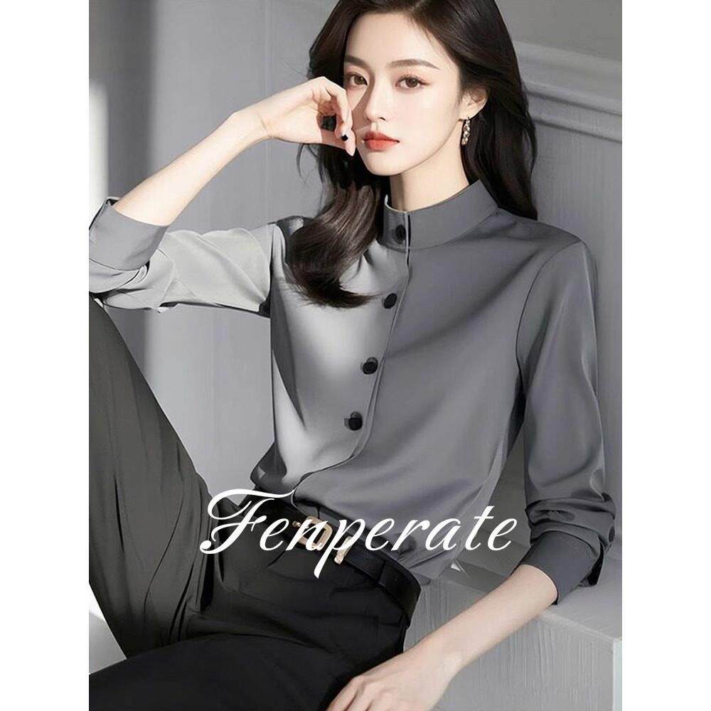 FENPERATE轻奢高级感立领衬衫女春秋季职场通勤百搭小众长袖衬衣