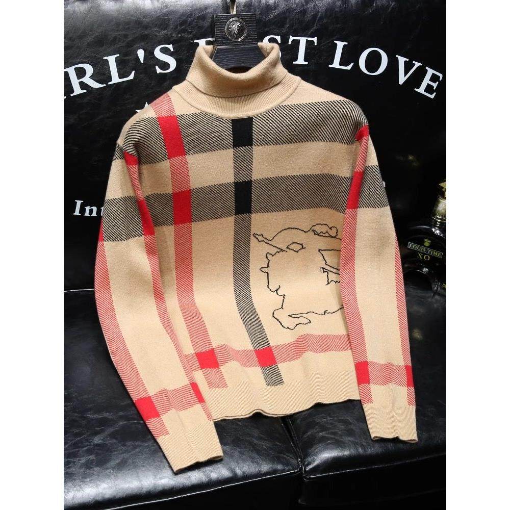 高领毛衣男高级感轻奢休闲加厚保暖打底衫2025冬季格子羊毛衫男款