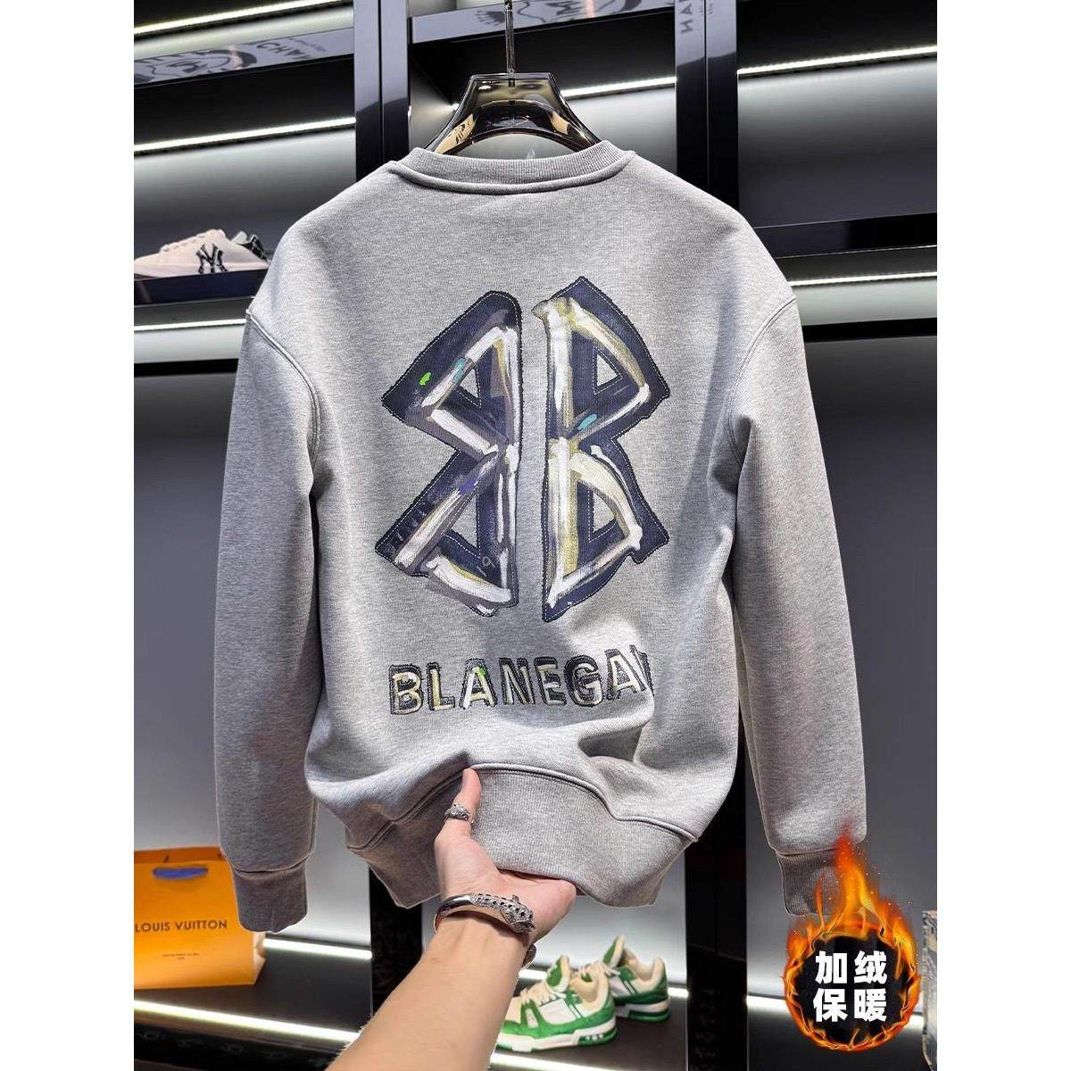 加绒卫衣男高端圆领套头灰色加厚长袖个性潮流时尚秋冬衣服男款