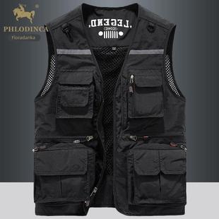 PHLODINCA 高端品牌多口袋工装马甲男秋冬加绒户外运动反光背心潮